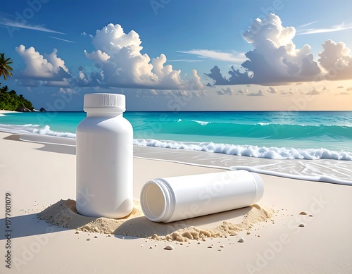 Two white bottles on a sandy beach with ocean waves and blue sky.