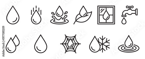Collection of black outline water drop icons illustrating various states and interactions with elements, presented in a clean, modern style