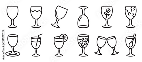 Collection of various wine glass icons in a simple black outline style, depicting different states and contents