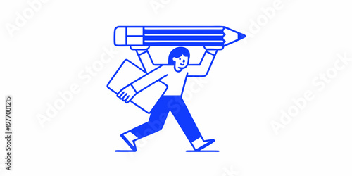 Person carrying a large pencil on their shoulders holding papers