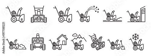 Collection of simple line art icons depicting various snow blowers and their uses in different winter scenarios