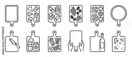 Collection of twelve black outline icons depicting various cutting boards with different food items and uses, presented in a clean, minimalist style