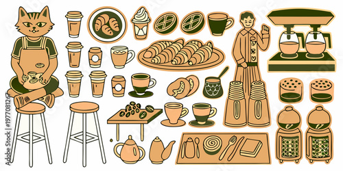 A charming illustration of a cat barista and various coffee shop items