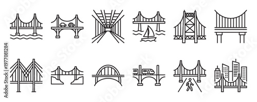 Collection of diverse bridge line icons in black and white, featuring various architectural styles and transportation methods