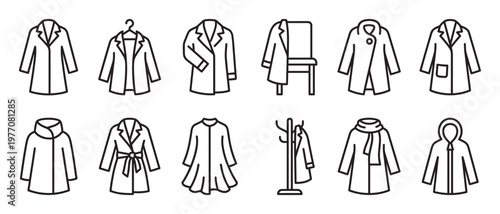 Various black outline coat icons are neatly arranged in rows, showcasing different styles of outerwear in a clean, minimalist design