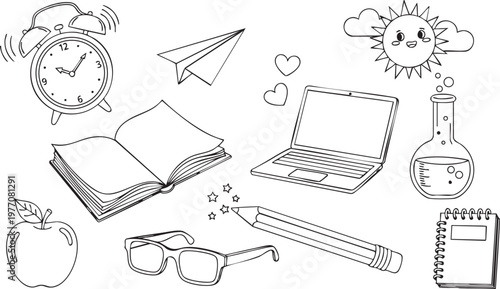 Title sketch of school and office supplies a study in black and white description a hand drawn sketch features various school and office