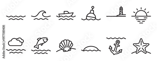 Collection of simple black outline nautical icons, including waves, boat, buoy, lighthouse, sunset, clouds, fish, seashell, anchor, and starfish, presented in a clean, minimalist style