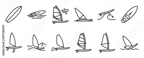Collection of black outline icons depicting various surfboards and windsurfing boards in different dynamic poses