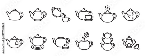 Collection of various black outline teapot icons illustrating different tea-related actions and states in a simple, graphic style