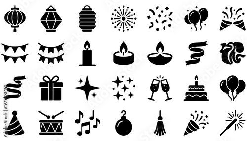 Festival and party icon set black solid celebration symbols including lantern diya candle fireworks gift cake music drum champagne and balloons for UI design