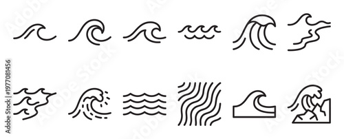 Collection of various simple black outline wave icons, depicting different water movements and styles on a clean surface