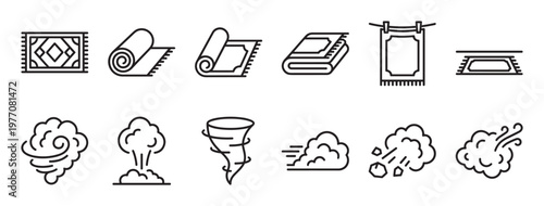 Collection of black outline icons depicting various rug and carpet forms, along with different weather and natural phenomena