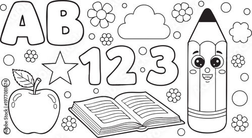 Back to school coloring page with letters numbers and school supplies