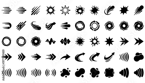 Motion and energy effects icon set black solid speed lines arrows waves vortex and dynamic symbols for UI animation game design and visual effects
