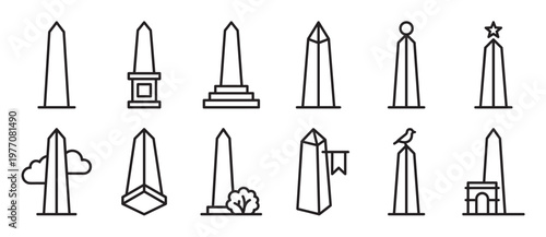 Collection of twelve distinct black outline obelisk icons, each featuring unique architectural details and symbolic elements, presented in a clean graphic style