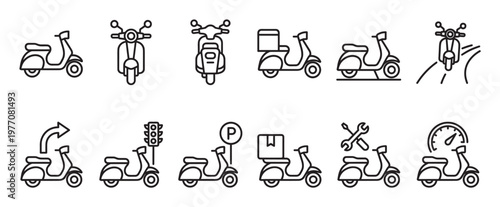 Collection of black outline scooter icons depicting various actions and states in a clean, minimalist style