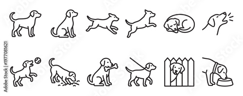 Collection of simple black outline dog icons depicting various actions and poses, including standing, sitting, running, sleeping, barking, playing, digging, chewing, walking, looking over a