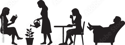 Minimalist black silhouette set of women engaged in daily activities, female figures reading a book and watering plants. Relaxing woman drinking coffee at a table and resting in an armchair
