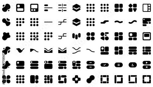 Advanced UI components icon set black solid dashboard controls grid toggles buttons and interface elements for web and mobile app design
