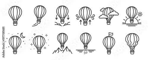 Collection of twelve simple black outline hot air balloon icons depicting various flight scenarios and weather conditions