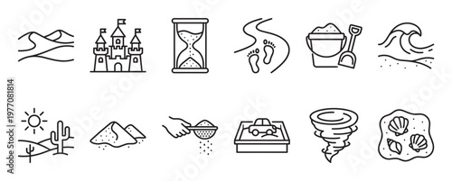 Collection of twelve simple black outline icons representing various sand-related concepts and natural elements in a clean, modern style