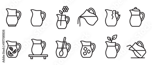 Collection of various simple black outline pitcher icons, depicting different states and contents with clean lines