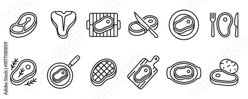 Various black outline steak icons illustrate different cuts, cooking methods, and serving styles for beef or other meat