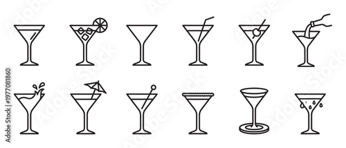 Collection of various martini glass outline icons, depicting different cocktail preparations and empty glasses in a clean, minimalist style
