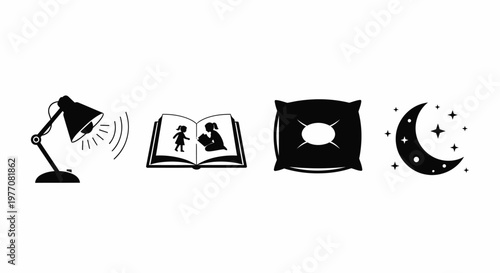 Bedtime Reading Icons with Lamp, Book, Pillow and Moon 