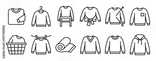 Various black outline sweater icons illustrating different styles, activities, and states of clothing, presented in a clean, graphic vector style