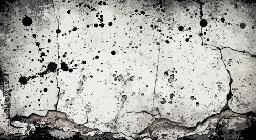 Cracked concrete wall with black paint splatters, distressed texture background