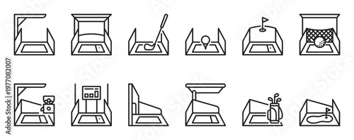 Collection of golf driving range and putting green icons in a clean, minimalist outline style on a white surface