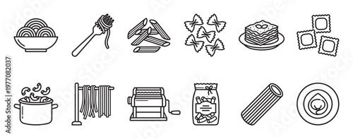 Various black outline pasta icons illustrate different types of Italian cuisine, cooking processes, and serving styles in a clean, graphic design