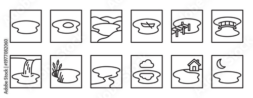 Collection of twelve simple black outline icons depicting various water bodies and natural landscapes