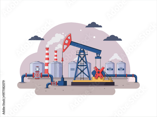 Illustration of oil pump jack and industrial storage tanks in operation