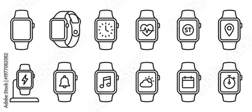 Collection of twelve black outline smart watch icons depicting various functions and features in a clean, modern style