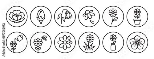 Collection of twelve simple black outline flower icons in circular frames, depicting various floral stages and gardening activities
