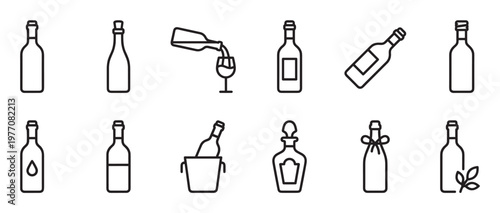 Collection of various outline style wine and alcohol bottle icons, including pouring into a glass, presented in a clean, minimalist design