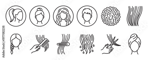 Diverse hair care and styling icons in a clean, minimalist line art style, depicting various hairstyles and grooming actions
