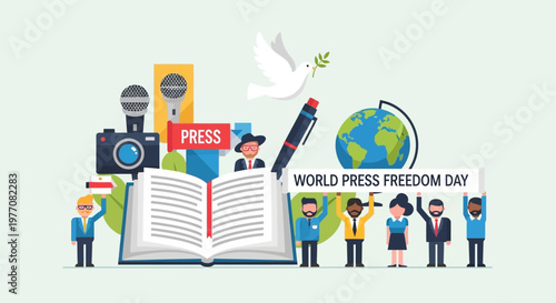 World Press Freedom Day illustration with symbolic elements.