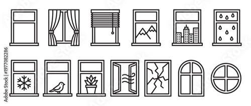 Various black outline window icons illustrate different types, views, and conditions, presented in a clean, minimalist style