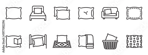 Collection of various pillow and bedding line icons, including a bed, sofa, laundry basket, and decorative pillows, presented in a clean, minimalist style