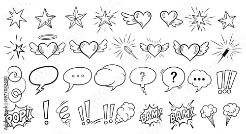 Comic Book Elements: Stars, Hearts, Speech Bubbles, Explosions, and Sound Effects