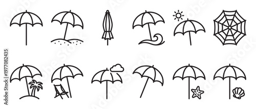 Various black outline beach umbrella icons are arranged neatly, depicting different summer and vacation scenarios in a clean, minimalist style