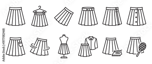 Collection of various pleated skirt line icons, showcasing different styles and related fashion elements in a clean, modern design