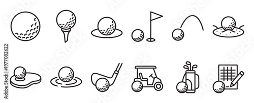 Collection of various golf-related line icons including balls, tees, clubs, carts, flags, and scorecards, presented in a clean, minimalist style