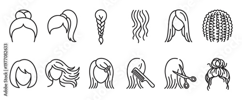 Collection of black outline hair icons depicting various hairstyles and hair care tools in a clean, modern style