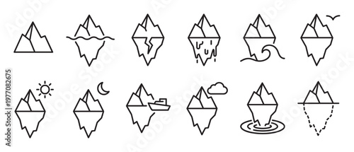 Collection of various simple black outline iceberg icons depicting different environmental and natural conditions in a clean, graphic style
