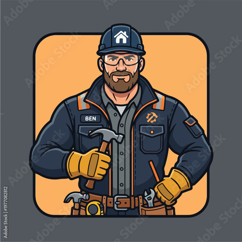 Man in work uniform holding hammer.