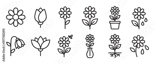 Collection of simple black outline flower icons depicting various stages of growth and types, presented clearly